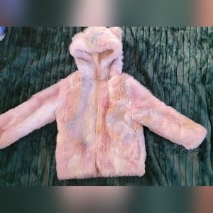 Fuzzy plush fun multi colored jacket with bear ears on hood size 6
